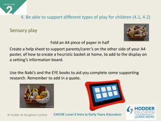CACHE Level 2 Intro to Early Years Education© Hodder & Stoughton Limited
Fold an A4 piece of paper in half
Create a help sheet to support parents/carer’s on the other side of your A4
poster, of how to create a heuristic basket at home, to add to the display on
a setting’s information board.
Use the Nabi’s and the EYE books to aid you complete some supporting
research. Remember to add in a quote.
4. Be able to support different types of play for children (4.1, 4.2)
Sensory play
 