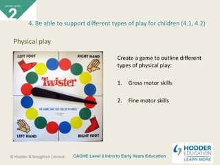 CACHE Level 2 Intro to Early Years Education© Hodder & Stoughton Limited
Create a game to outline different
types of physical play:
1. Gross motor skills
2. Fine motor skills
4. Be able to support different types of play for children (4.1, 4.2)
Physical play
 