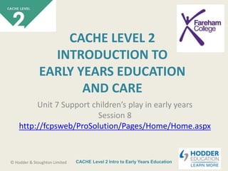 CACHE Level 2 Intro to Early Years Education© Hodder & Stoughton Limited
CACHE LEVEL 2
INTRODUCTION TO
EARLY YEARS EDUCATION
AND CARE
Unit 7 Support children’s play in early years
Session 8
http://fcpsweb/ProSolution/Pages/Home/Home.aspx
 
