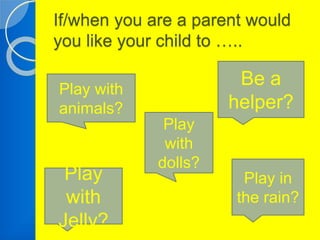 If/when you are a parent would 
you like your child to ….. 
Play 
with 
Jelly? 
Play in 
the rain? 
Play with 
animals? 
Be a 
helper? 
Play 
with 
dolls? 
 
