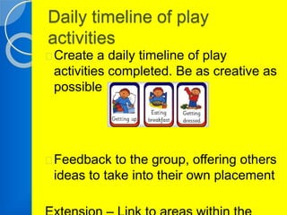 Daily timeline of play 
activities 
Create a daily timeline of play 
activities completed. Be as creative as 
possible 
Feedback to the group, offering others 
ideas to take into their own placement 
Extension – Link to areas within the 
 