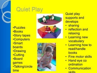 Quiet Play 
•Puzzles 
•Books 
•Story tapes 
•Computers 
•Smart 
boards 
•Drawing 
•Cutting 
•Board 
games 
•Talking/circle 
time 
Quiet play 
supports and 
develops 
• sharing 
• reflection and 
relaxing 
• Learning new 
vocabulary 
• Learning how to 
read/handle 
books 
• Fine motor skills 
• Hand eye co 
ordination 
• Communication 
skills 
 