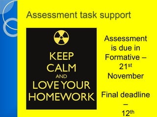Assessment task support 
Assessment 
is due in 
Formative – 
21st 
November 
Final deadline 
– 
12th 

