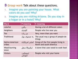 B Group work Talk about these questions.
1. Imagine you are painting your house. What
colors do you use? Why?
2. Imagine you are visiting Arizona. Do you stay in
a hogan or in a hotel? Why?
Word P meaning E meaning
colorful ‫رنګین‬ Having a lot of different colors
Neighbors ‫ګاونډي‬ People who live near you
Too ‫ډیر‬‫زیات‬ Very, more than you want
Traditional ‫په‬‫ډول‬ ‫عنعنوی‬ The usual way a group of people do
things
Native American
tribes
‫امریکایان‬ ‫اصلی‬ Group of the first people living in
North and south America
Wood-burning
stove
‫لرګو‬‫منقل‬ ‫واال‬ A stove that uses wood to cook food
Visitors ،‫لیدونکي‬
‫کتونکی‬
People who visit your home
 