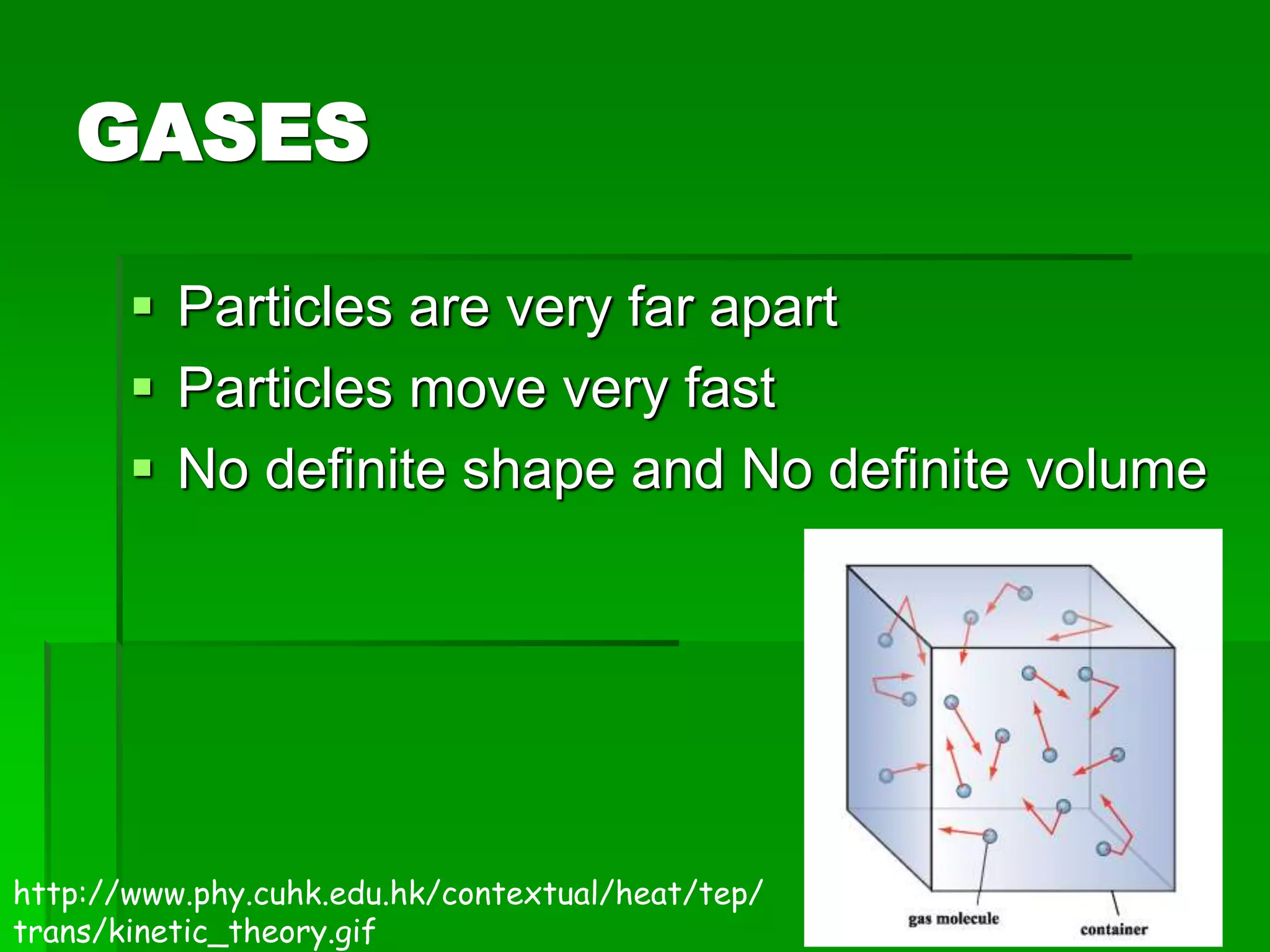 GASES
 Particles are very far apart
 Particles move very fast
 No definite shape and No definite volume
http://www.phy.cuhk.edu.hk/contextual/heat/tep/
trans/kinetic_theory.gif
 