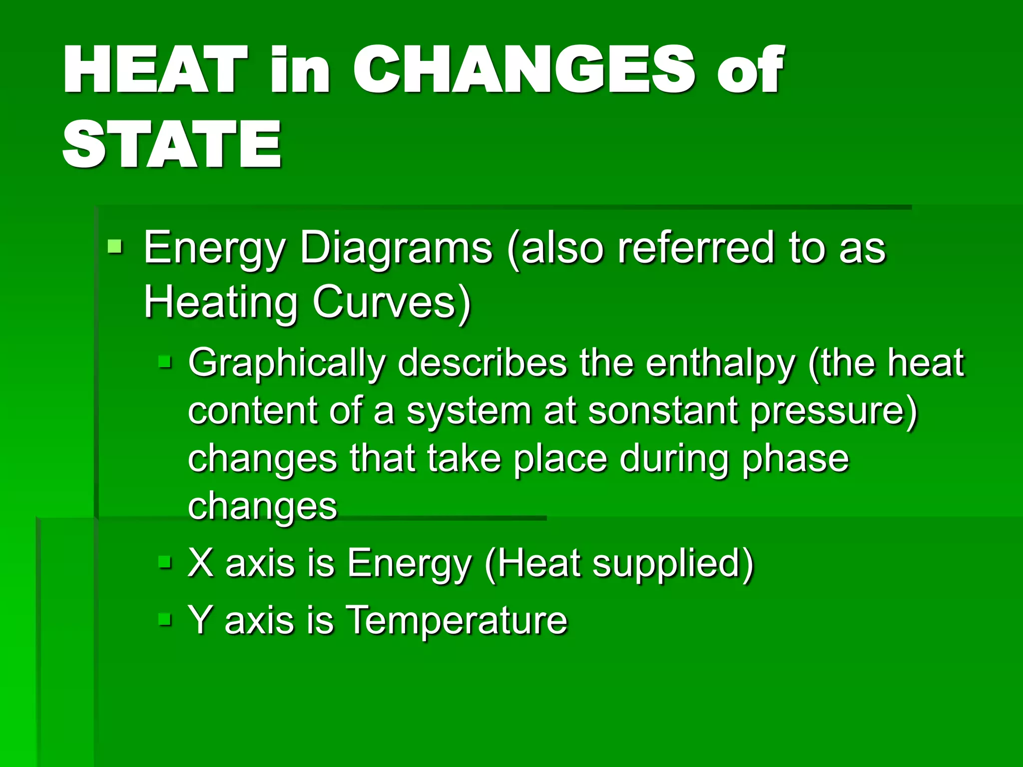 HEAT in CHANGES of
STATE
 Energy Diagrams (also referred to as
Heating Curves)
 Graphically describes the enthalpy (the heat
content of a system at sonstant pressure)
changes that take place during phase
changes
 X axis is Energy (Heat supplied)
 Y axis is Temperature
 