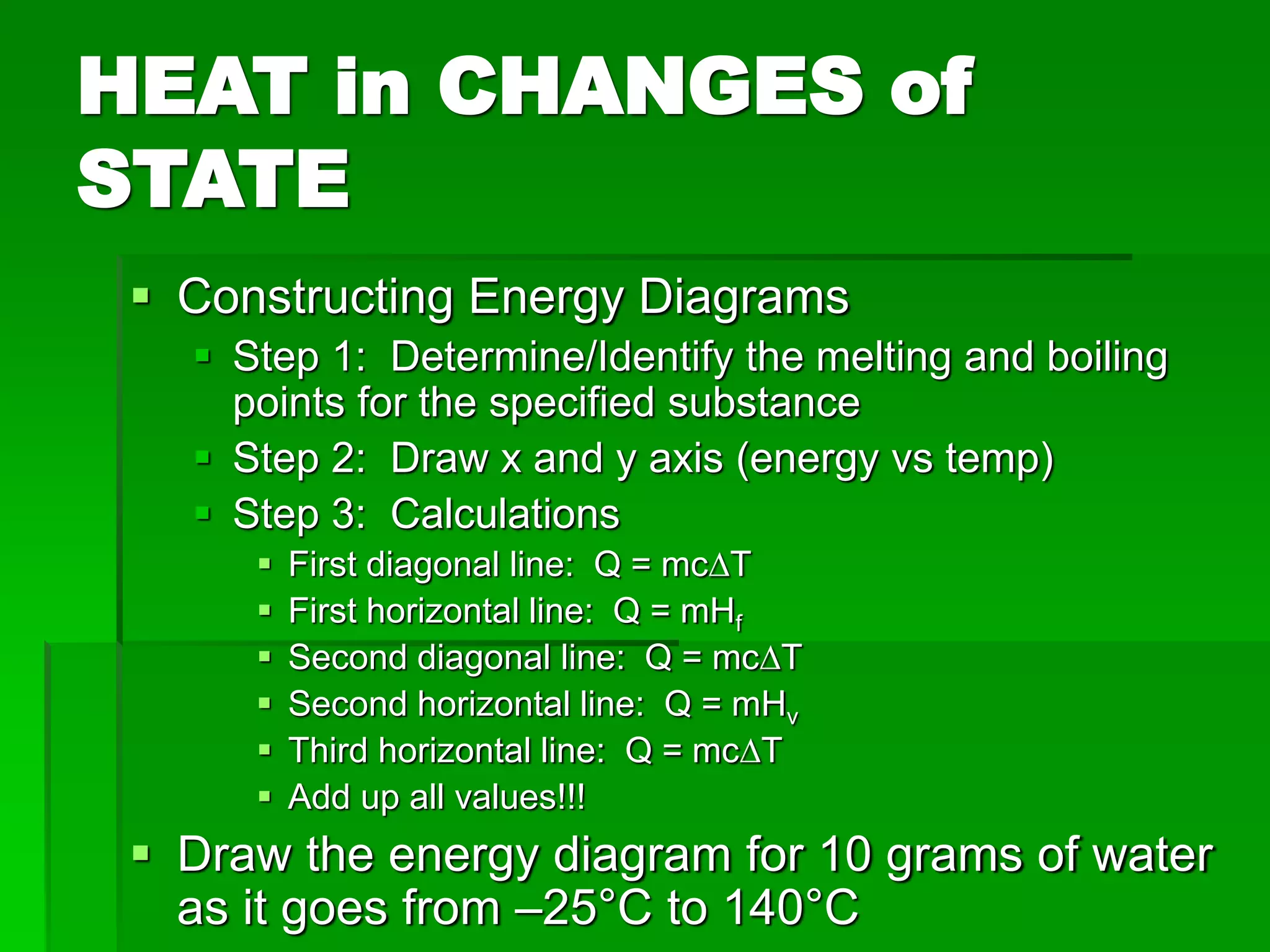 HEAT in CHANGES of
STATE
 Constructing Energy Diagrams
 Step 1: Determine/Identify the melting and boiling
points for the specified substance
 Step 2: Draw x and y axis (energy vs temp)
 Step 3: Calculations
 First diagonal line: Q = mcDT
 First horizontal line: Q = mHf
 Second diagonal line: Q = mcDT
 Second horizontal line: Q = mHv
 Third horizontal line: Q = mcDT
 Add up all values!!!
 Draw the energy diagram for 10 grams of water
as it goes from –25°C to 140°C
 