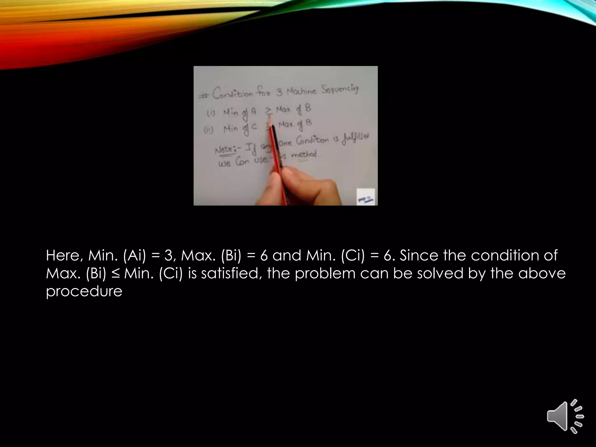 Here, Min. (Ai) = 3, Max. (Bi) = 6 and Min. (Ci) = 6. Since the condition of
Max. (Bi) ≤ Min. (Ci) is satisfied, the problem can be solved by the above
procedure
 