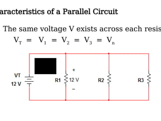 aracteristics of a Parallel Circuit
The same voltage V exists across each resis
VT
= V1
= V2
= V3
= Vn
 