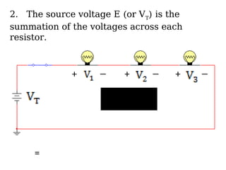 2. The source voltage E (or VT
) is the
summation of the voltages across each
resistor.
+ _ + _ _
+
=
 
