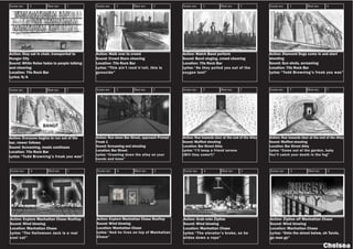 Action: Stay sat in chair, transported to
Hunger City
Sound: White Noise fades to people talking
and cheering
Location: 70s Rock Bar
Lyrics: N/A
Action: Walk over to crowd
Sound: Crowd Stars cheering
Location: 70s Rock Bar
Lyrics: “This ain’t rock’n’roll, this is
genocide”
Action: Watch Band perform
Sound: Band singing, crowd cheering
Location: 70s Rock Bar
Lyrics: “As they pulled you out of the
oxygen tent”
Action: Diamond Dogs come in and start
shooting
Sound: Gun shots, screaming
Location: 70s Rock Bar
Lyrics: “Todd Browning’s freak you was”
Action: Everyone begins to run out of the
bar, viewer follows
Sound: Screaming, music continues
Location: 70s Rock Bar
Lyrics: “Todd Browning’s freak you was”
Action: Run down Bar Street, approach Prompt
Freak 1
Sound: Screaming and shouting
Location: Bar Street
Lyrics: “Crawling down the alley on your
hands and knee”
Action: Run towards door at the end of the Alley
Sound: Muffled shouting
Location: Bar Street Alley
Lyrics: “I’ll keep a friend serene
(Will they come?)”
Action: Run towards door at the end of the Alley
Sound: Muffled shouting
Location: Bar Street Alley
Lyrics: “Come out of the garden, baby
You’ll catch your death in the fog”
Scene no: Shot no:
2 1
Scene no: Shot no:
2 5 Scene no: Shot no:
3 1 Scene no: Shot no:
3 2 Scene no: Shot no:
3 3
Scene no: Shot no:
2 2 Scene no: Shot no:
2 3 Scene no: Shot no:
2 4
Chelsea
Action: Explore Manhattan Chase Rooftop
Sound: Wind blowing
Location: Manhattan Chase
Lyrics: “The Halloween Jack is a real
cool cat”
Action: Explore Manhattan Chase Rooftop
Sound: Wind blowing
Location: Manhattan Chase
Lyrics: “And he lives on top of Manhattan
Chase”
Action: Grab onto Zipline
Sound: Wind blowing
Location: Manhattan Chase
Lyrics: “The elevator’s broke, so he
slides down a rope”
Action: Zipline off Manhattan Chase
Sound: Wind blowing
Location: Manhattan Chase
Lyrics: “Onto the street below, oh Tarzie,
go man go”
Scene no: Shot no:
4 3
Scene no: Shot no:
4 2
Scene no: Shot no:
4 1 Scene no: Shot no:
4 4
 