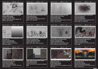 Action: Zipline off Manhattan Chase
Sound: Wind blowing
Location: Liberty Street
Lyrics: “Onto the street below, oh
Tarzie, go man go”
Action: Walk Up the street towards a woman
Sound: Distant Sirens
Location: Liberty Street
Lyrics: “Meet his little hussy with his
ghost town approach”
Action: Get told by the Lady with a Dali
brooch to hide in the TV shop
Sound: Distant Sirens
Location: Liberty Street
Lyrics: “Her face is sans feature, but she
wears a Dali brooch”
Action: Run into TV shop as Fog starts to
come from behind you
Sound: Wind Blowing
Location: Liberty Street
Lyrics: “Wrecked up and paralyzed, Dia-
mond Dogs are stabilized”
Action: Run into TV shop as Fog starts to come
from behind you
Sound: Tv’s buzzing, static
Location: Abandoned TV Shop
Lyrics: “I’ll keep a friend serene
(Will they come?)”
Action: Viewer looks at TVs in front of them
Sound: Tv’s buzzing, static
Location: Abandoned TV Shop
Lyrics: “(Will they come?)
Well, she’s come, been and gone”
Action: Watch the Lady with a Dali brooch get
her face taken by the Diamond Dogs
Sound: Tv’s buzzing, static
Location: Abandoned TV Shop
Lyrics: “Come out of the garden, baby
You’ll catch your death in the fog”
Action: Look for a way out as the room fills with
fog and the Diamond Dogs watch you
Sound: Tv’s buzzing, static
Location: Abandoned TV Shop
Lyrics: “Young girl, they call them the Dia-
mond Dogs
Scene no: Shot no:
5 1
Scene no: Shot no:
6 1 Scene no: Shot no:
6 2 Scene no: Shot no:
6 3 Scene no: Shot no:
6 4
Scene no: Shot no:
5 2 Scene no: Shot no:
5 3 Scene no: Shot no:
5 4
Laura
Action: Viewer runs out onto Fire escape
Sound: Distant shouting
Location: Poster Street
Lyrics: “Oo-oo-ooh, call them the Diamond
Dogs”
Action: Walk along Poster Street towards the
Escalator at the end
Sound: Distant shouting
Location: Poster Street
Lyrics: “Sashay on the boardwalk, scurry to
the ditch”
Action: Look up at the Escalator as the sky fills
with brighter colours
Sound: Louder shouting
Location: Crossroads and Escalator
Lyrics: “(There’s gonna be sorrow) try and
wake up tomorrow”
Scene no: Shot no:
7 3
Scene no: Shot no:
7 2
Scene no: Shot no:
7 1
Action: Smoke fills the room and Prompt Freak
3 opens the fire escape door
Sound: Distant shouting
Location: Abandoned TV Shop
Lyrics: “Young girl, they call them the
Diamond Dogs
Scene no: Shot no:
6 5
 
