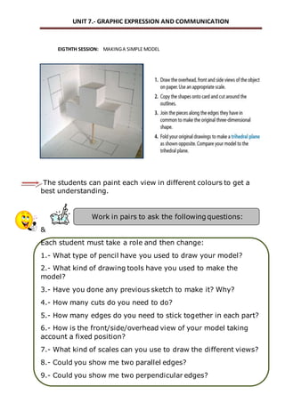 UNIT 7.- GRAPHIC EXPRESSION AND COMMUNICATION 
EIGTHTH SESSION: MAKING A SIMPLE MODEL 
The students can paint each view in different colours to get a 
best understanding. 
Work in pairs to ask the following questions: 
& 
Each student must take a role and then change: 
1.- What type of pencil have you used to draw your model? 
2.- What kind of drawing tools have you used to make the 
model? 
3.- Have you done any previous sketch to make it? Why? 
4.- How many cuts do you need to do? 
5.- How many edges do you need to stick together in each part? 
6.- How is the front/side/overhead view of your model taking 
account a fixed position? 
7.- What kind of scales can you use to draw the different views? 
8.- Could you show me two parallel edges? 
9.- Could you show me two perpendicular edges? 
 