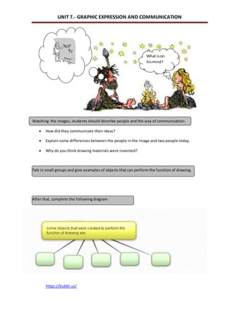 UNIT 7.- GRAPHIC EXPRESSION AND COMMUNICATION 
Watching the images, students should describe people and the way of communication: 
 How did they communicate their ideas? 
 Explain some differences between the people in the image and two people today. 
 Why do you think drawing materials were invented? 
Talk in small groups and give examples of objects that can perform the function of drawing. 
After that, complete the following diagram. 
https://bubbl.us/ 
What is on 
his mind? 
 