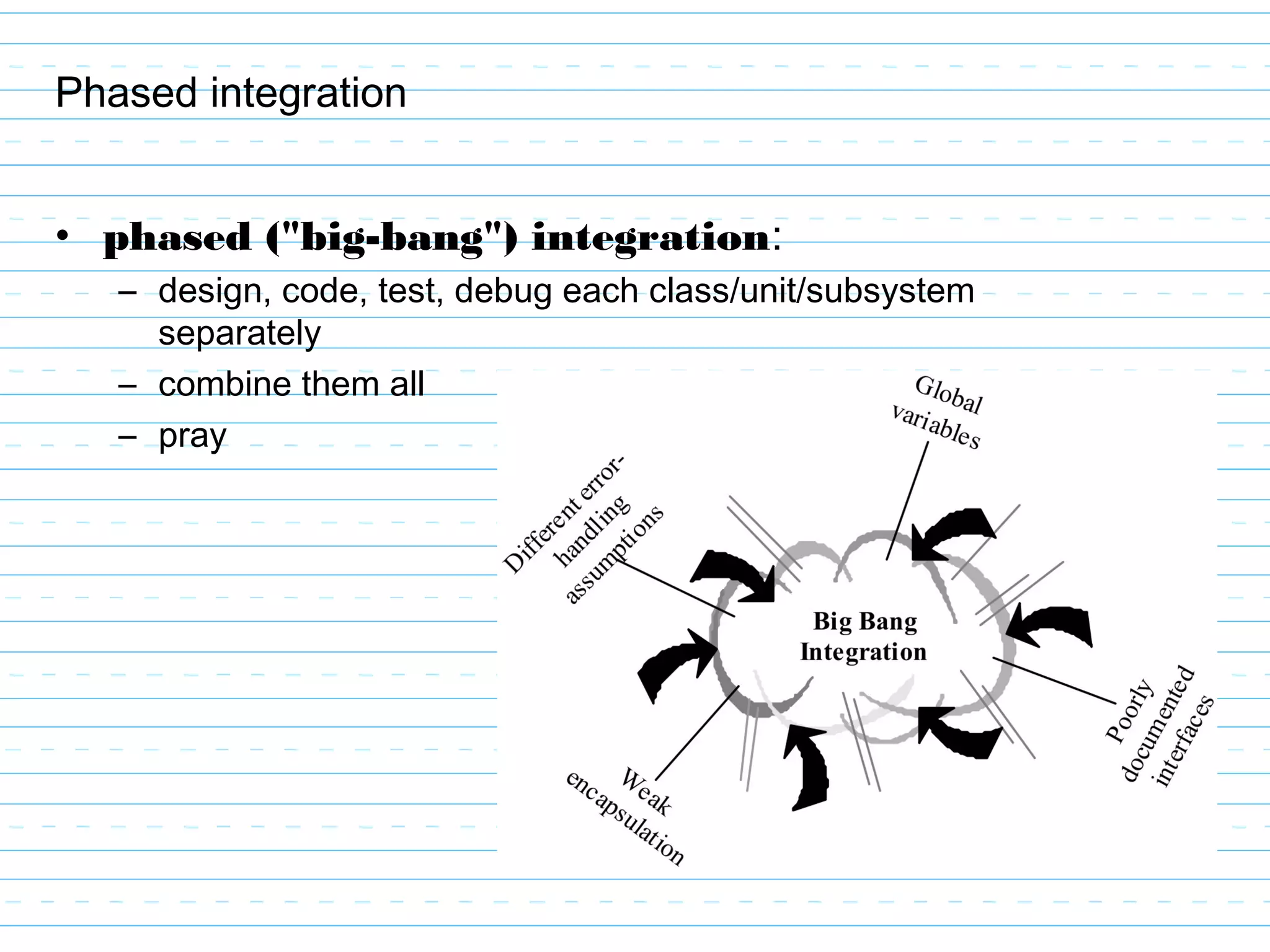 Phased integration
• phased ("big-bang") integration:
– design, code, test, debug each class/unit/subsystem
separately
– combine them all
– pray
 