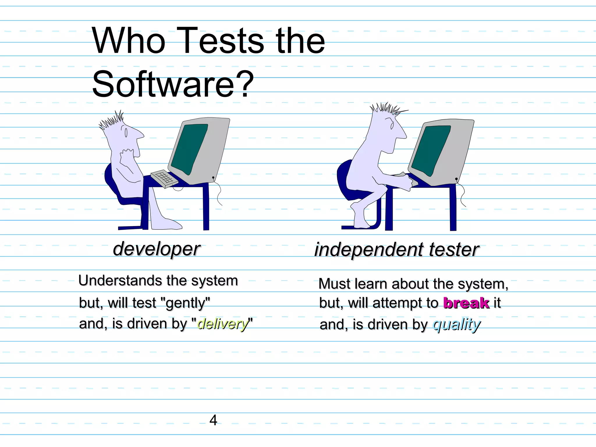 4
Who Tests the
Software?
developerdeveloper independent testerindependent tester
Understands the systemUnderstands the system
but, will test "gently"but, will test "gently"
and, is driven by "and, is driven by "deliverydelivery""
Must learn about the system,Must learn about the system,
but, will attempt tobut, will attempt to breakbreak itit
and, is driven byand, is driven by qualityquality
 