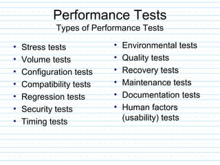 Performance Tests
Types of Performance Tests
• Stress tests
• Volume tests
• Configuration tests
• Compatibility tests
• Regression tests
• Security tests
• Timing tests
• Environmental tests
• Quality tests
• Recovery tests
• Maintenance tests
• Documentation tests
• Human factors
(usability) tests
 