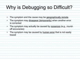 Why is Debugging so Difficult?
• The symptom and the cause may be geographically remote
• The symptom may disappear (temporarily) when another error
is corrected
• The symptom may actually be caused by nonerrors (e.g., round-
off accuracies)
• The symptom may be caused by human error that is not easily
traced
 