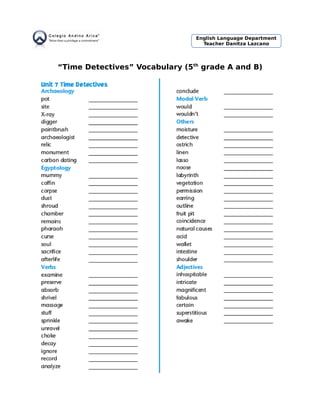 “Time Detectives” Vocabulary (5th
grade A and B)
English Language Department
Teacher Danitza Lazcano
 