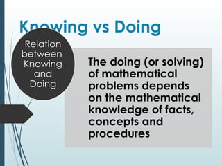 Knowing vs Doing
The doing (or solving)
of mathematical
problems depends
on the mathematical
knowledge of facts,
concepts and
procedures
Relation
between
Knowing
and
Doing
 