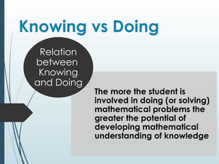 Knowing vs Doing
The more the student is
involved in doing (or solving)
mathematical problems the
greater the potential of
developing mathematical
understanding of knowledge
Relation
between
Knowing
and Doing
 