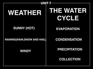 WEATHER
SUNNY (HOT)
UNIT 7
THE WATER
CYCLE
EVAPORATION
CONDENSATION
PRECIPITATION
COLLECTION
WINDY
RAINING(RAIN,SNOW AND HAIL)
 