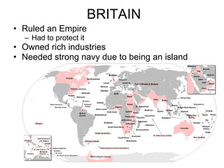 BRITAIN Ruled an Empire Had to protect it Owned rich industries Needed strong navy due to being an island 