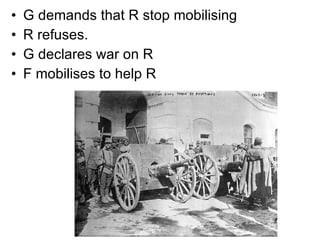 G demands that R stop mobilising R refuses.  G declares war on R F mobilises to help R 