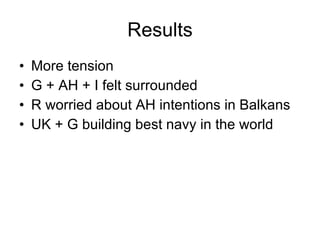 Results More tension G + AH + I felt surrounded R worried about AH intentions in Balkans UK + G building best navy in the world 