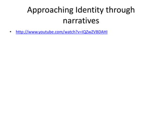 Social Self, Social identityUsually it includes social categories, group you belong to and don’t belong toE.g. Gender, ethnicity, different social group, ideologies you identify with etc.When we belong to a group, we are likely to derive our sense of identity, at least in part, from that group. We also enhance the sense of identity by making comparisons with out-groups.Social identity is different from personal identity, which is derived from personal characteristics and individual relationships.