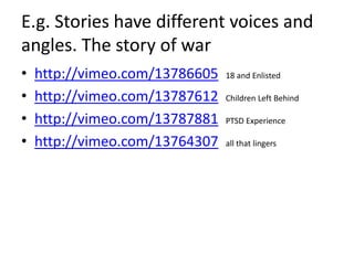 Self and otherBreaking the line between the self and the otherThe story of the self, identity:A person enmeshed in and produced within webs of social relationshipsLife stories must always incorporate the life stories of othersThey will not be the same, they will always be part of our own but others’ stories must always be part of our ownShared Social framework of meaning: both to interpret, produce our stories and to borrow stories in order to make it our own from a rich source of stories