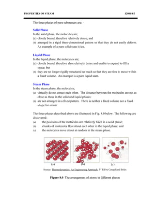 PROPERTIES OF STEAM                                                                   J2006/8/3


     The three phases of pure substances are: -

     Solid Phase
     In the solid phase, the molecules are;
     (a) closely bound, therefore relatively dense; and
     (b) arranged in a rigid three-dimensional pattern so that they do not easily deform.
         An example of a pure solid state is ice.

     Liquid Phase
     In the liquid phase, the molecules are;
     (a) closely bound, therefore also relatively dense and unable to expand to fill a
         space; but
     (b) they are no longer rigidly structured so much so that they are free to move within
         a fixed volume. An example is a pure liquid state.

     Steam Phase
     In the steam phase, the molecules;
     (a) virtually do not attract each other. The distance between the molecules are not as
         close as those in the solid and liquid phases;
     (b) are not arranged in a fixed pattern. There is neither a fixed volume nor a fixed
         shape for steam.

     The three phases described above are illustrated in Fig. 8.0 below. The following are
     discovered:
     (a)    the positions of the molecules are relatively fixed in a solid phase;
     (b)    chunks of molecules float about each other in the liquid phase; and
     (c)    the molecules move about at random in the steam phase.




                    (a)                        (b)                        (c)
             Source: Thermodynamics: An Engineering Approach, 3rd Ed by Cengel and Boles


                   Figure 8.0 The arrangement of atoms in different phases
 