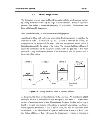 PROPERTIES OF STEAM                                                               J2006/8/4


                   8.1      Phase-Change Process

     The distinction between steam and liquid is usually made (in an elementary manner)
     by stating that both will take up the shape of their containers. However liquid will
     present a free surface if it does not completely fill its container. Steam on the other
     hand will always fill its container.

     With these information, let us consider the following system:

     A container is filled with water, and a moveable, frictionless piston is placed on the
     container at State 1, as shown in Fig. 8.1. As heat is added to the system, the
     temperature of the system will increase. Note that the pressure on the system is
     being kept constant by the weight of the piston. The continued addition of heat will
     cause the temperature of the system to increase until the pressure of the steam
     generated exactly balances the pressure of the atmosphere plus the pressure due to
     the weight of the piston.


         STATE 1               STATE 2               STATE 3                STATE 4
                                                                                W


                                                         W
                                  W
            W




                                            Steam                 Superheated
                   Liquid
                                                                  Steam



                Figure 8.1 Heating water and steam at constant pressure

     At this point, the steam and liquid are said to be saturated. As more heat is added,
     the liquid that was at saturation will start to vaporize until State 2. The two-phase
     mixture of steam and liquid at State 2 has only one degree of freedom, and as long as
     liquid is present, vaporization will continue at constant temperature. As long as
     liquid is present, the mixture is said to be wet steam, and both the liquid and steam
     are saturated. After all the liquid is vaporized, only steam is present at State 3, and
     the further addition of heat will cause the temperature of steam to increase at
 