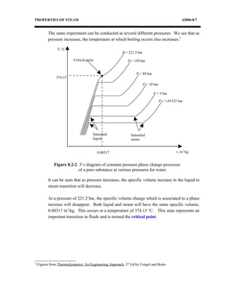 PROPERTIES OF STEAM                                                                                 J2006/8/7


           The same experiment can be conducted at several different pressures. We see that as
           pressure increases, the temperature at which boiling occurs also increases.2

                T, oC
                                                         P = 221.2 bar

                          Critical point                    P = 150 bar


                                                                  P = 80 bar
                374.15
                                                                         P = 10 bar

                                                                               P = 5 bar

                                                                                      P = 1.01325 bar




                                       Saturated              Saturated
                                       liquid                 steam


                                           0.00317                                               v, m3/kg


              Figure 8.2-2 T-v diagram of constant pressure phase change processes
                           of a pure substance at various pressures for water.

           It can be seen that as pressure increases, the specific volume increase in the liquid to
           steam transition will decrease.

           At a pressure of 221.2 bar, the specific volume change which is associated to a phase
           increase will disappear. Both liquid and steam will have the same specific volume,
           0.00317 m3/kg. This occurs at a temperature of 374.15 oC. This state represents an
           important transition in fluids and is termed the critical point.




2
    Figures from Thermodynamics: An Engineering Approach, 3rd Ed by Cengel and Boles
 