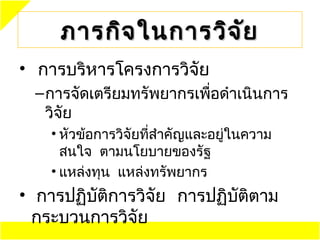 ภารกิจ ในการวิจ ัย
•  การบริหารโครงการวิจัย
  – การจัดเตรียมทรัพยากรเพือดำาเนินการ
                           ่
    วิจัย
    • หัวข้อการวิจัยที่สำาคัญและอยู่ในความ
      สนใจ ตามนโยบายของรัฐ
    • แหล่งทุน แหล่งทรัพยากร
• การปฏิบัตการวิจัย การปฏิบตตาม
            ิ               ั ิ
  กระบวนการวิจัย
 