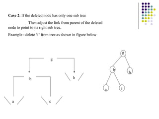 Case 2: If the deleted node has only one sub tree
            Then adjust the link from parent of the deleted
node to point to its right sub tree.
Example : delete ‘i’ from tree as shown in figure below



                                                                      g
                          g

                                                                  b
                                                                          h
             b                          h


                                                              a       c


  a                      c
 