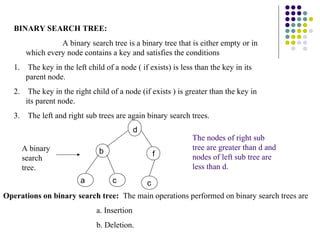 BINARY SEARCH TREE:
                   A binary search tree is a binary tree that is either empty or in
         which every node contains a key and satisfies the conditions
   1.     The key in the left child of a node ( if exists) is less than the key in its
         parent node.
   2.     The key in the right child of a node (if exists ) is greater than the key in
         its parent node.
   3.    The left and right sub trees are again binary search trees.
                                                d
                                                                 The nodes of right sub
        A binary                  b                              tree are greater than d and
                                                        f        nodes of left sub tree are
        search
        tree.                                                    less than d.
                           a          c             c
Operations on binary search tree: The main operations performed on binary search trees are
                                 a. Insertion
                                 b. Deletion.
 