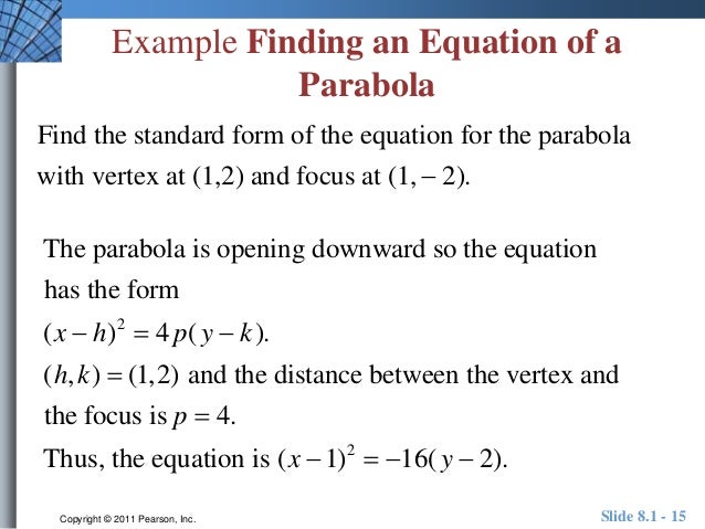 unit 8 1 write an equation for the parabola in standard form