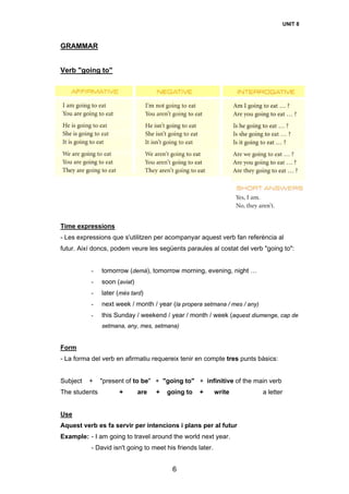 UNIT 8
6
GRAMMAR
Verb "going to"
Time expressions
- Les expressions que s'utilitzen per acompanyar aquest verb fan referència al
futur. Així doncs, podem veure les següents paraules al costat del verb "going to":
- tomorrow (demà), tomorrow morning, evening, night …
- soon (aviat)
- later (més tard)
- next week / month / year (la propera setmana / mes / any)
- this Sunday / weekend / year / month / week (aquest diumenge, cap de
setmana, any, mes, setmana)
Form
- La forma del verb en afirmatiu requereix tenir en compte tres punts bàsics:
Subject + "present of to be" + "going to" + infinitive of the main verb
The students + are + going to + write a letter
Use
Aquest verb es fa servir per intencions i plans per al futur
Example: - I am going to travel around the world next year.
- David isn't going to meet his friends later.
 