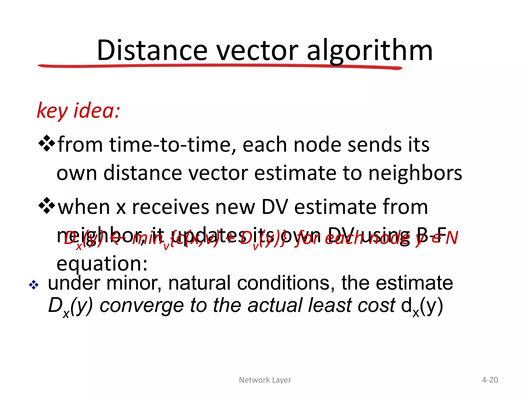 Network Layer 4-20
key idea:
from time-to-time, each node sends its
own distance vector estimate to neighbors
when x receives new DV estimate from
neighbor, it updates its own DV using B-F
equation:
Dx(y) ← minv{c(x,v) + Dv(y)} for each node y ∊ N
 under minor, natural conditions, the estimate
Dx(y) converge to the actual least cost dx(y)
Distance vector algorithm
 