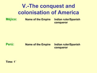 V.-The conquest and
colonisation of America
Méjico: Name of the Empire Indian ruler/Spanish
conqueror
Perú: Name of the Empire Indian ruler/Spanish
conqueror
Time: 1´
 
