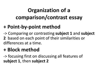 Organization of a
comparison/contrast essay
+ Point-by-point method
-> Comparing or contrasting subject 1 and subject
2 based on each point of their similarities or
differences at a time.
+ Block method
-> focusing first on discussing all features of
subject 1, then subject 2
 