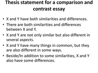 Thesis statement for a comparison and
contrast essay
• X and Y have both similarities and differences.
• There are both similarities and differences
between X and Y.
• X and Y are not only similar but also different in
several aspects.
• X and Y have many things in common, but they
are also different in some ways.
• Beside/In addition to some similarities, X and Y
also have some differences.
 