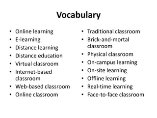Vocabulary
• Online learning
• E-learning
• Distance learning
• Distance education
• Virtual classroom
• Internet-based
classroom
• Web-based classroom
• Online classroom
• Traditional classroom
• Brick-and-mortal
classroom
• Physical classroom
• On-campus learning
• On-site learning
• Offline learning
• Real-time learning
• Face-to-face classroom
 