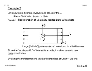 MIT - 16.20 Fall, 2002
Example 2

Let’s now get a bit more involved and consider the…

Stress Distribution Around a Hole
Figure 8.3 Configuration of uniaxially loaded plate with a hole
Large (“infinite”) plate subjected to uniform far - field tension
Since the “local specific” of interest is a circle, it makes sense to use
polar coordinates.
By using the transformations to polar coordinates of Unit #7, we find:
Paul A. Lagace © 2001 Unit 8 - p. 18
 