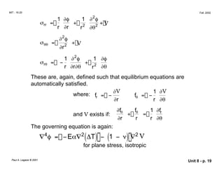 MIT - 16.20 Fall, 2002
1 ∂φ 1 ∂2
φ
σrr =
r ∂r
+
r2
∂θ2
+ V
∂2
φ
+ V
σθθ =
∂r2
1 ∂2
φ 1 ∂φ
+
r
σrθ = −
r ∂ ∂θ r2
∂θ
These are, again, defined such that equilibrium equations are
automatically satisfied.
where: fr = −
∂V
fθ = −
1 ∂V
∂r r ∂θ
∂fθ
+
fθ 1 ∂fr
and V exists if: =
∂r r r ∂θ
The governing equation is again:
∇4
φ = −Eα∇2
(∆T) − (1 − ν) ∇2 V
for plane stress, isotropic
Paul A. Lagace © 2001 Unit 8 - p. 19
 