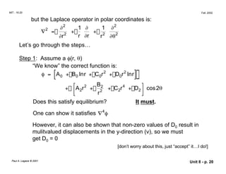  
MIT - 16.20 Fall, 2002
but the Laplace operator in polar coordinates is:
∇2
=
∂2
+
1 ∂
+
1 ∂2
∂r2
r ∂r r2
∂θ2
Let’s go through the steps…
Step 1: Assume a φ(r, θ)
“We know” the correct function is:
φ = [A0 + B0 lnr + C0r2
+ D0r2
lnr]
+ 
A2r2
+
B
2
2
+ C r4
+ D2

 cos2θ
2
r
Does this satisfy equilibrium? It must.
One can show it satisfies ∇4
φ
However, it can also be shown that non-zero values of D0 result in
mulitvalued displacements in the y-direction (v), so we must
get D0 = 0
[don’t worry about this, just “accept” it…I do!]
Paul A. Lagace © 2001 Unit 8 - p. 20
 