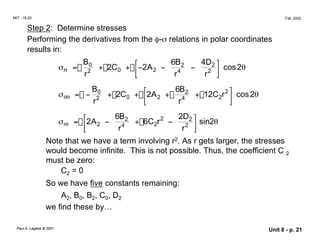  
 
 
MIT - 16.20 Fall, 2002
Step 2: Determine stresses
Performing the derivatives from the φ-σ relations in polar coordinates
results in:
σrr =
B
2
0
+ 2C0 + 
−2A2 −
6B
4
2
−
4D2  cos2θ
r r r2 
σθθ = −
B
2
0
+ 2C0 + 
2A2 +
6B
4
2
+ 12C2r2 
 cos2θ
r r
2
in
σrθ = 
2A2 −
6B
4
2
+ 6C2r2
−
2D2 
 s 2θ
r r
Note that we have a term involving r2. As r gets larger, the stresses
would become infinite. This is not possible. Thus, the coefficient C 2
must be zero:
C2 = 0
So we have five constants remaining:
A2, B0, B2, C0, D2
we find these by…
Paul A. Lagace © 2001 Unit 8 - p. 21
 