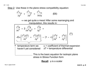 MIT - 16.20 Fall, 2002
Step 2: Use these in the plane stress compatibility equation:
∂2
εxx
∂2
εyy ∂2
εxy
+	 =
x y
∂y2
∂x2
∂ ∂
(E6)
⇒ we get quite a mess! After some rearranging and
manipulation, this results in:
V V
∂
∂
+
∂
∂ ∂
+
∂
∂
=
−
∂ ( )
∂
+
∂ ( )
∂






− ( )
∂
∂
+
∂
∂






4
4
4
2
2
4
2
2
2
2
2
2
2
2
1
φ φ
α
x y y
E
T
x
T
y y
2
∆
−
2
φ
ν
x
x
∆
(*)
temperature term we
haven’t yet considered
α = coefficient of thermal expansion
∆T = temperature differential
This is the basic equation for isotropic plane
stress in Stress Function form
Recall: φ is a scalar
Paul A. Lagace © 2001 Unit 8 - p. 8
 