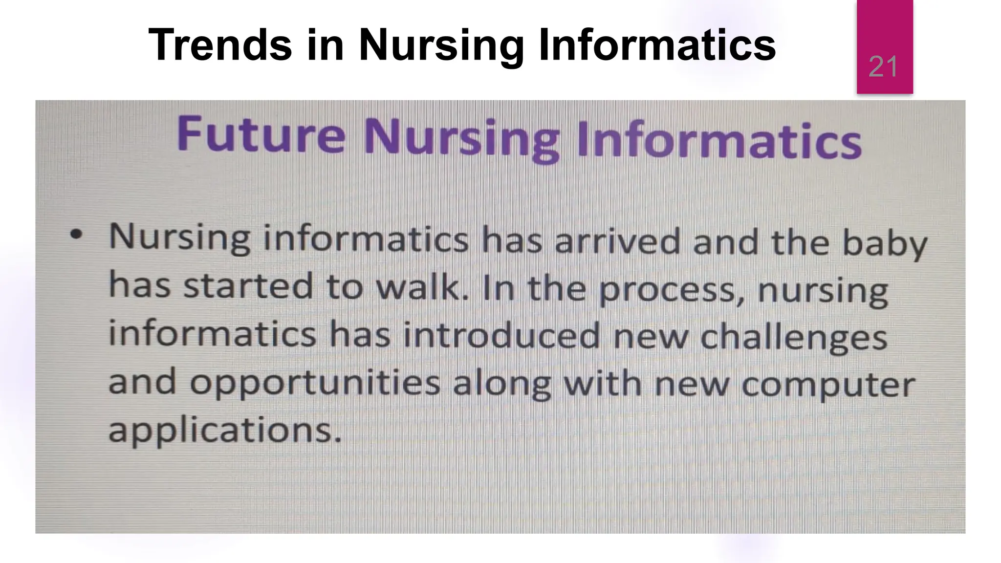 21
Trends in Nursing Informatics
 